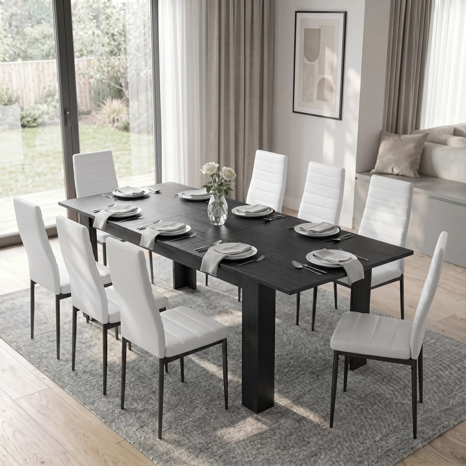 [8 Seater | White] Milo extendable dining table set extended to 200cm, laid with plates and eight white chairs
