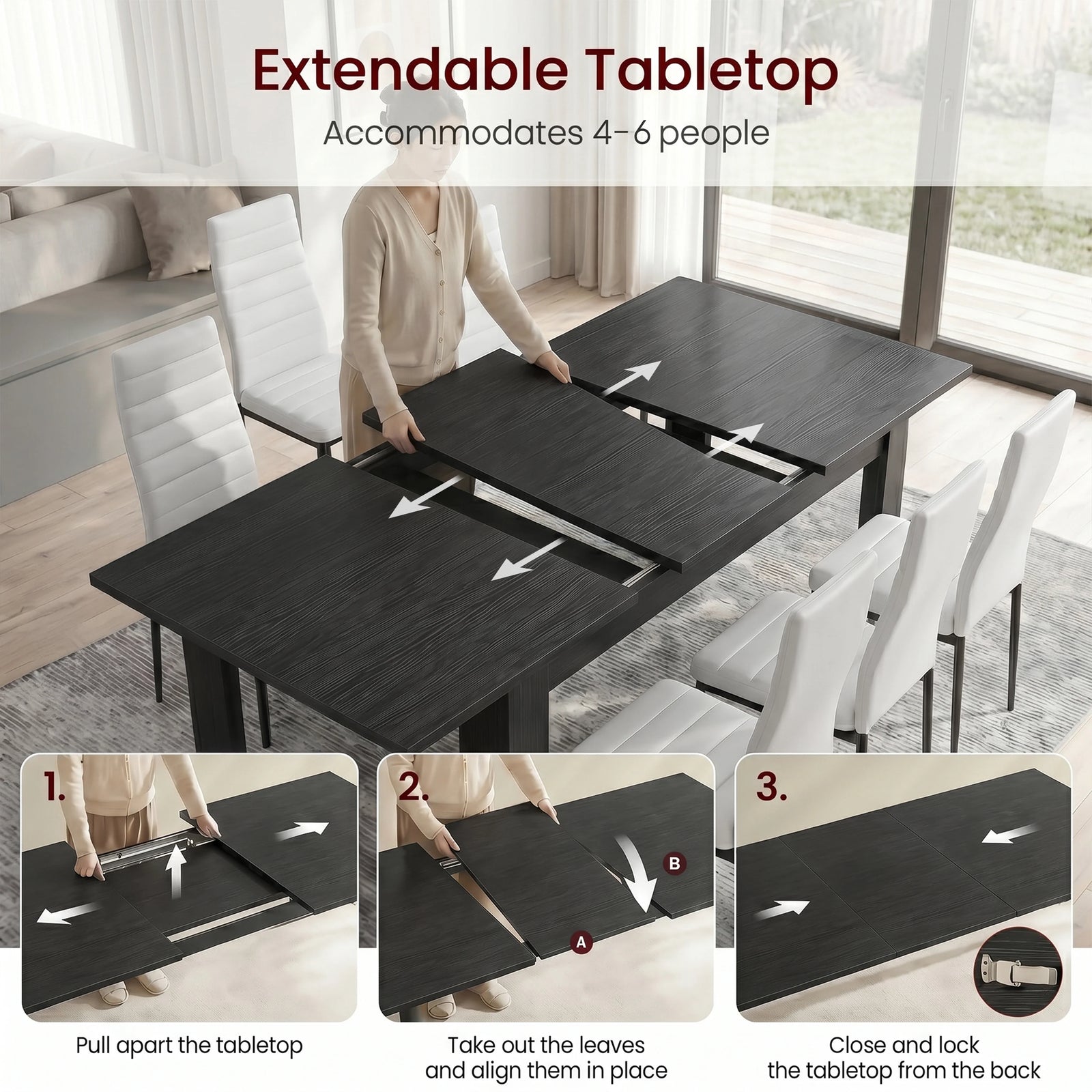 [6 Seater | White] Milo extendable dining table set with tabletop pulled apart and centre leaf steps