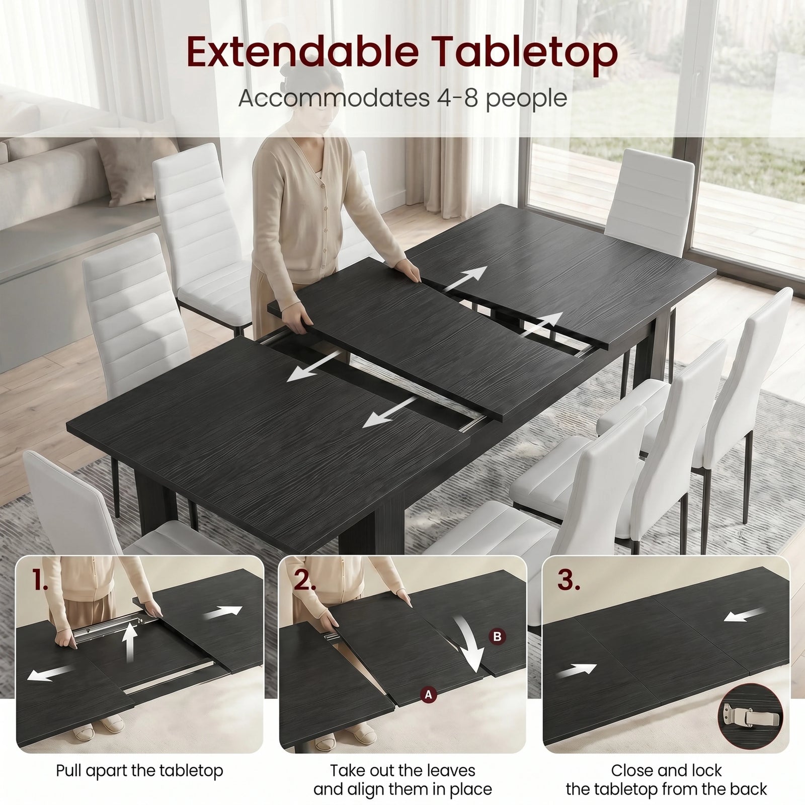 [8 Seater | White] Milo extendable dining table set with tabletop pulled apart to place leaf in middle to extend the table