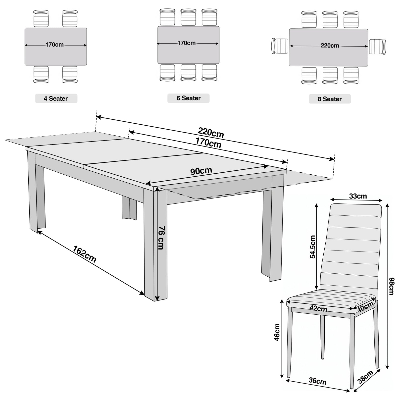 [6 Seater | White] Milo extendable dining table set size: closed H76 W170 D90cm, open W220; chair W42 D40 H98cm, seat H46 cm