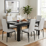 [6 Seater | White] Milo extendable dining table set room scene with six white chairs around the fully laid table