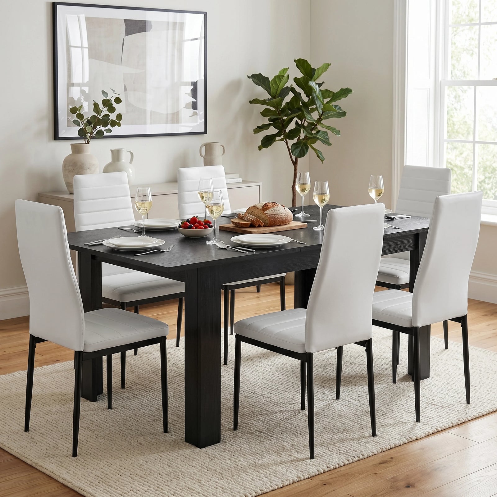[6 Seater | White] Milo extendable dining table set room scene with six white chairs around the fully laid table