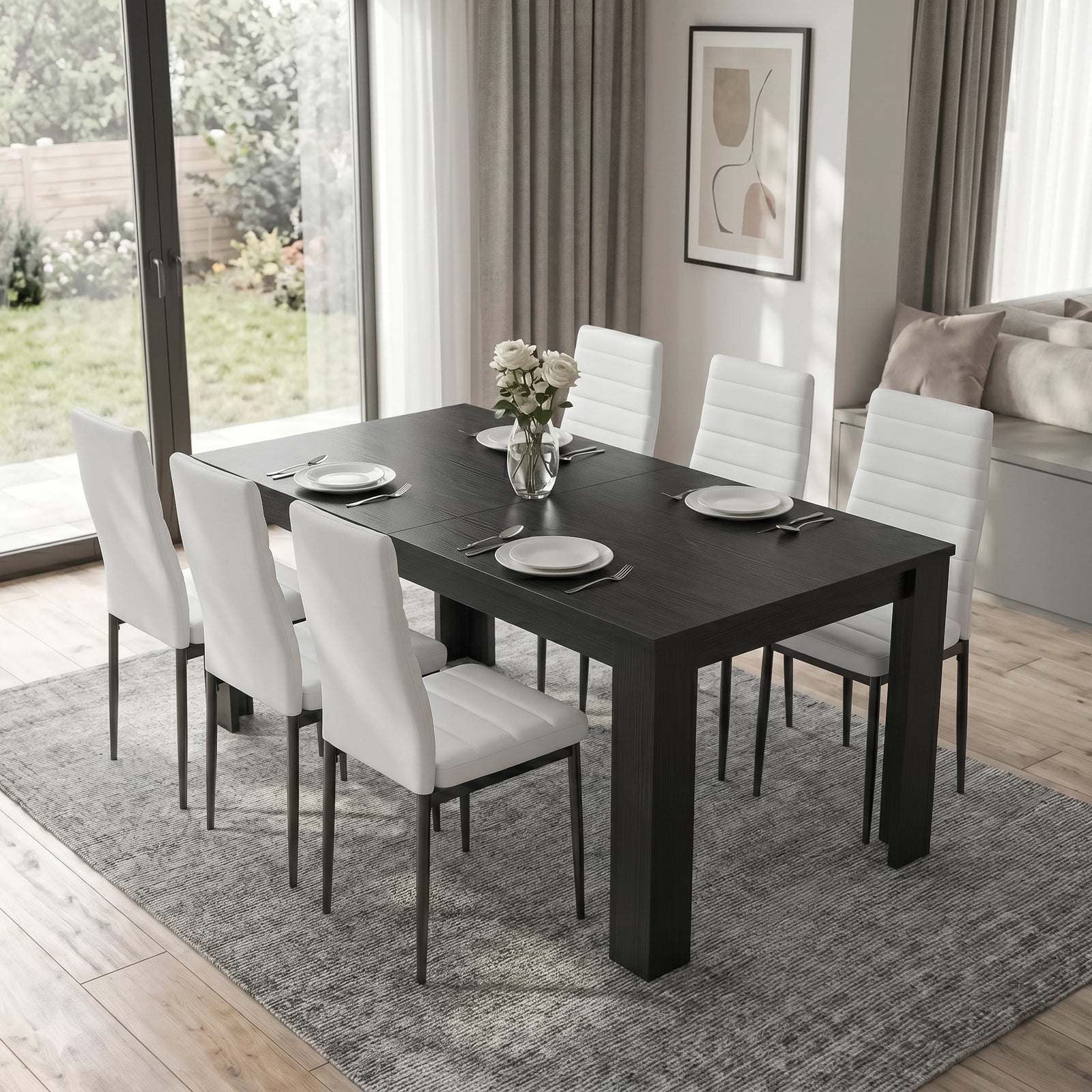 [6 Seater | White] Milo extendable dining table set at regular size with six white chairs, plates, and vase on tabletop