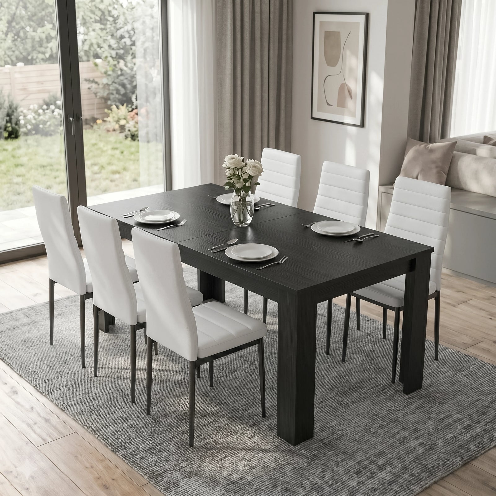 [6 Seater | White] Milo extendable dining table set at regular size with six white chairs, plates, and vase on tabletop