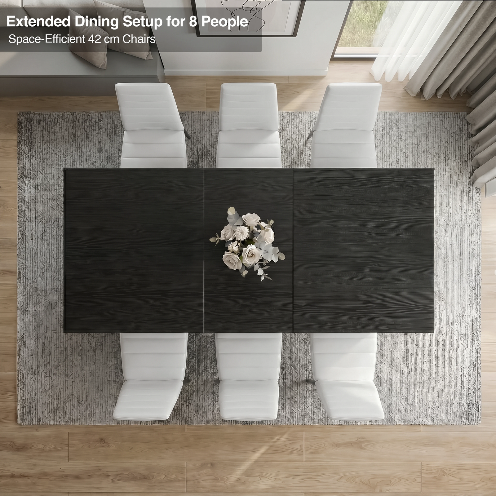 [6 Seater | White] Milo extendable dining table set overhead view for 8-seater layout with six white chairs