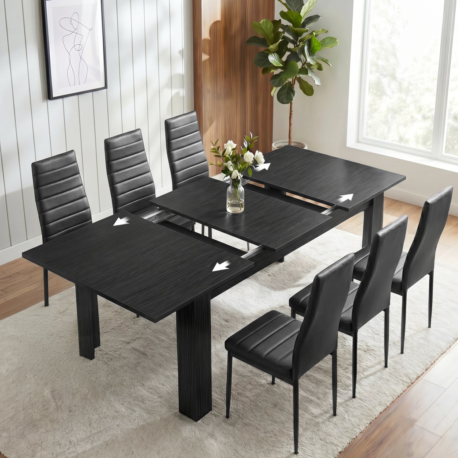 [6 Seater | Black] Milo black wood-effect table open to show centre leaf and sliding rails