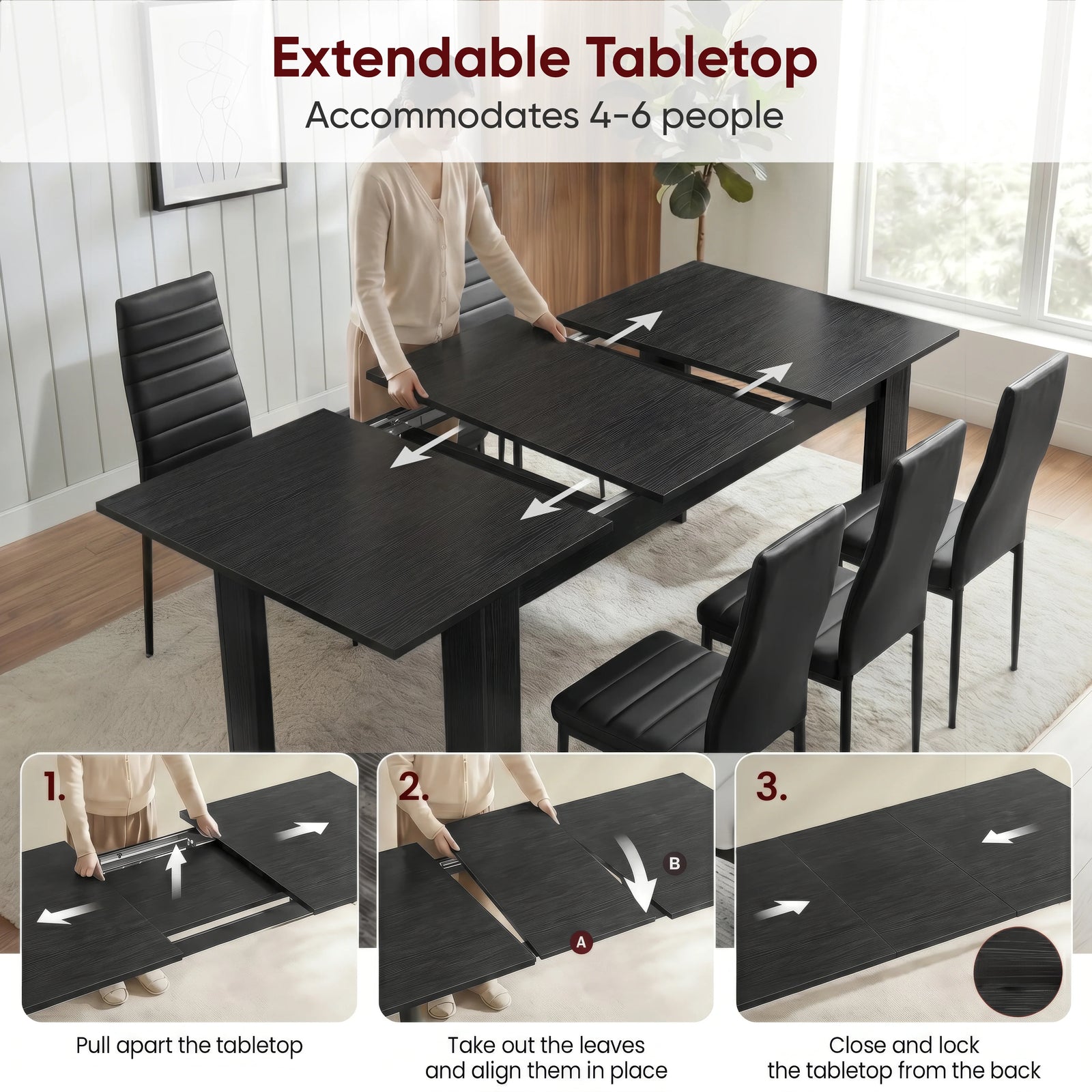 [6 Seater | Black] Milo extension guide showing tabletop opening, centre leaf placement, and lock-close steps