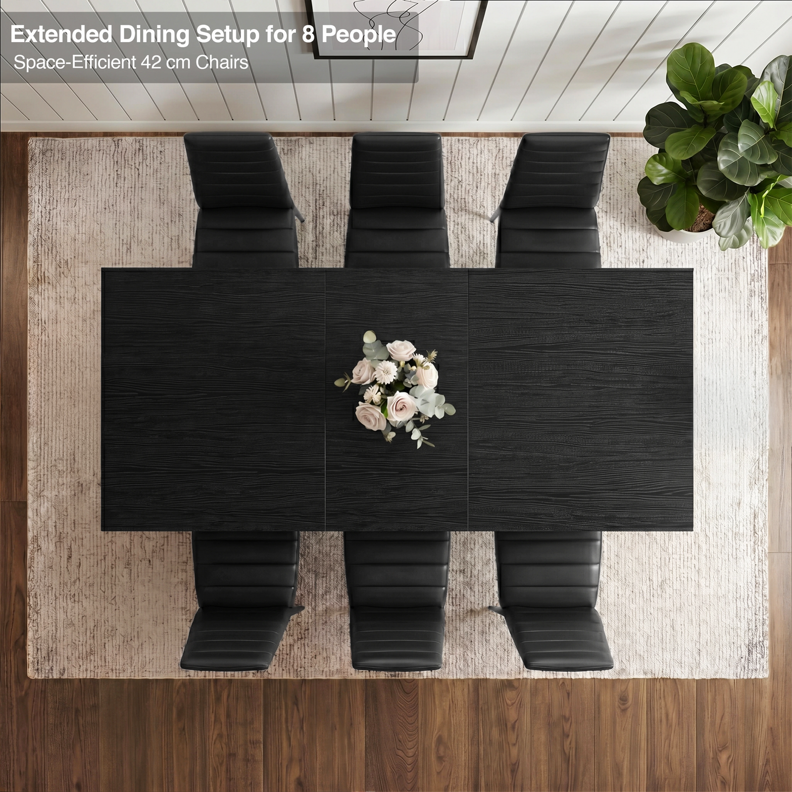 [6 Seater | Black] Milo extendable dining table extended for 8-place setup, overhead view with high-back chairs