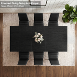 [6 Seater | Black] Milo extendable dining table extended for 8-place setup, overhead view with high-back chairs