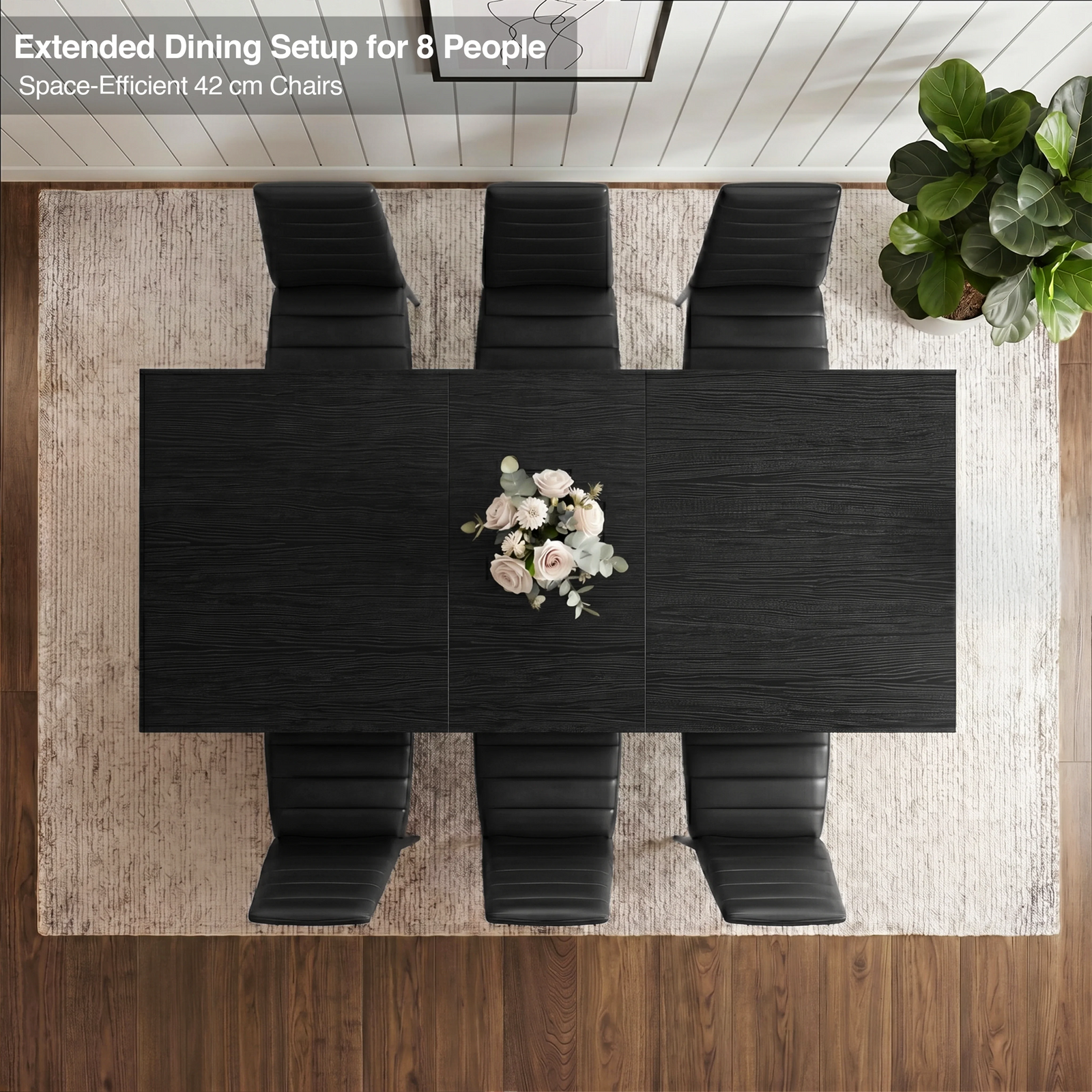 [6 Seater | Black] Milo extendable dining table extended for 8-place setup, overhead view with high-back chairs