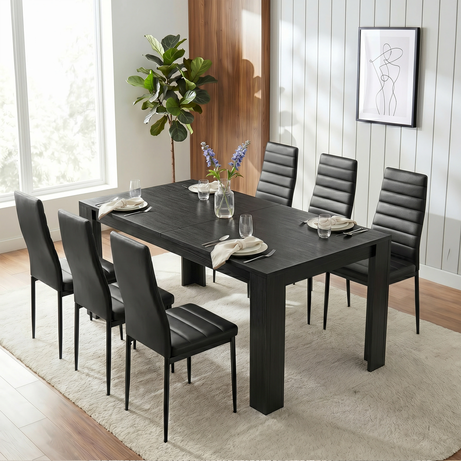 [6 Seater | Black] Milo black wood-effect dining table set at regular 170cm size with 6 high-back chairs