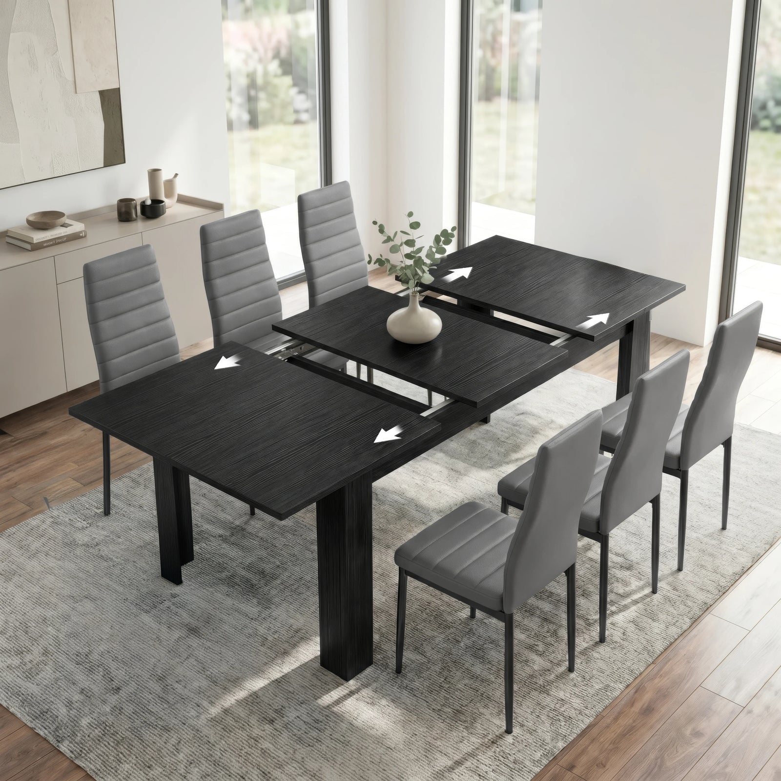 [6 Seater | Grey] Milo black wood-effect dining table open to show centre leaf and sliding rails