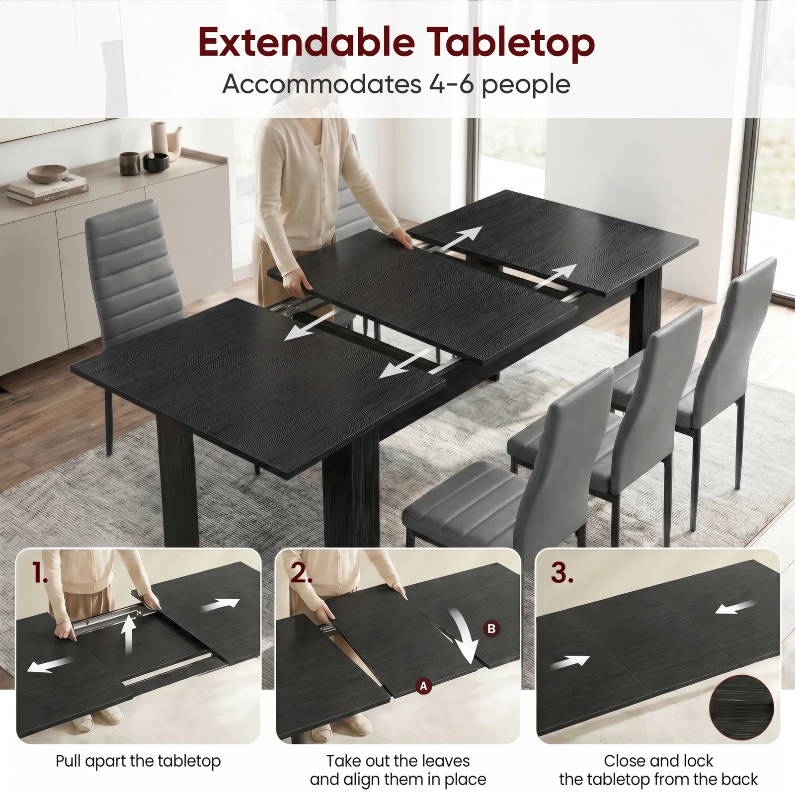 [6 Seater | Grey] Milo extension guide showing tabletop opening, centre leaf placement, and lock-close steps