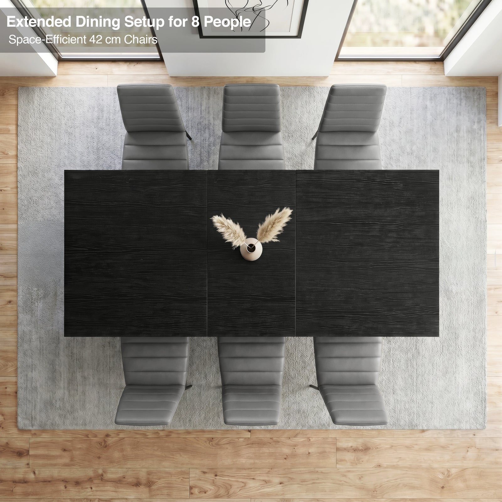 [6 Seater | Grey] Milo extendable dining table extended for 8-place setup, overhead view with high-back chairs