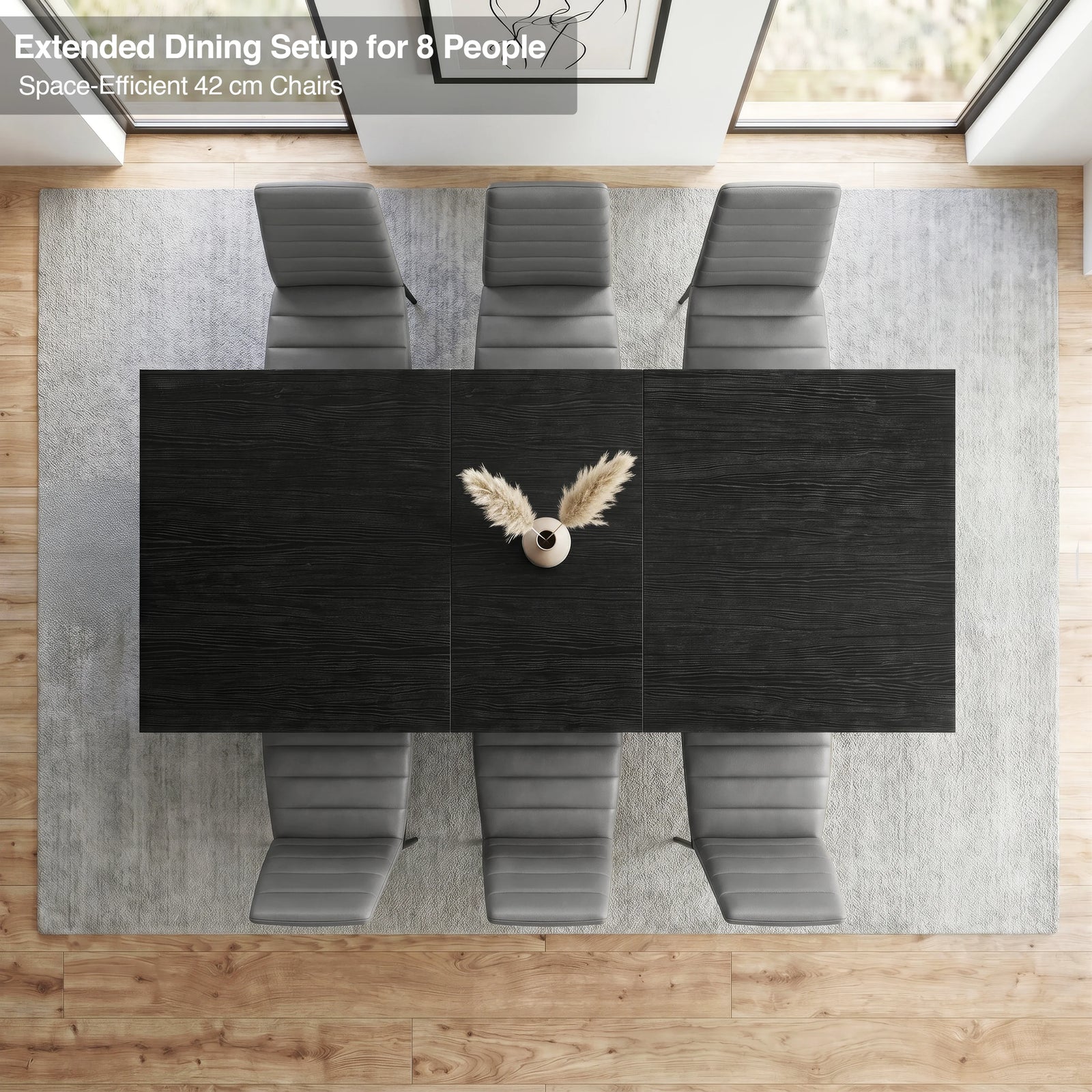 [6 Seater | Grey] Milo extendable dining table extended for 8-place setup, overhead view with high-back chairs