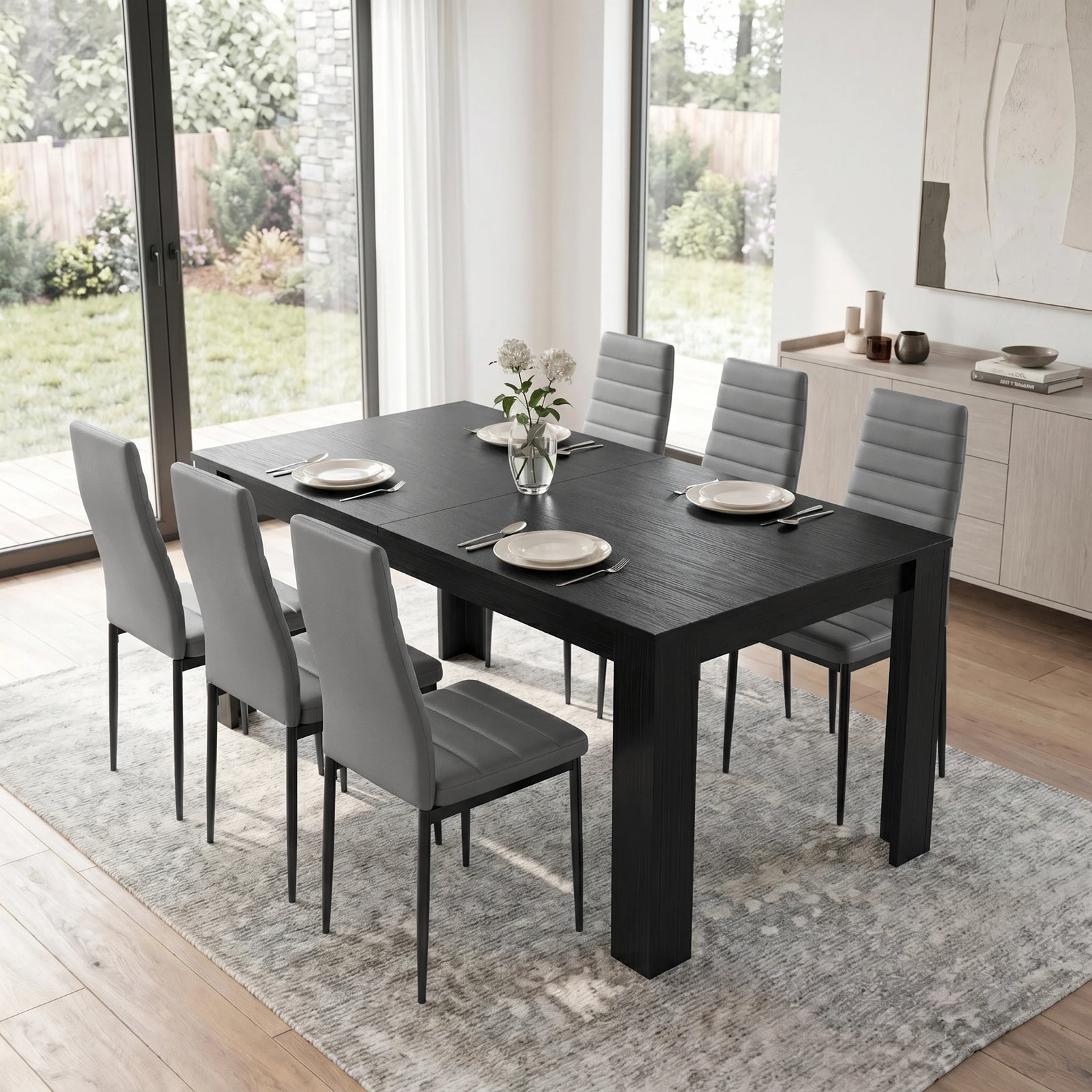[6 Seater | Grey] Milo black wood-effect dining table set at regular 170cm size with 6 high-back chairs