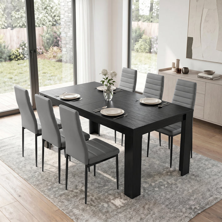 [6 Seater | Grey] Milo black wood-effect dining table set at regular 170cm size with 6 high-back chairs