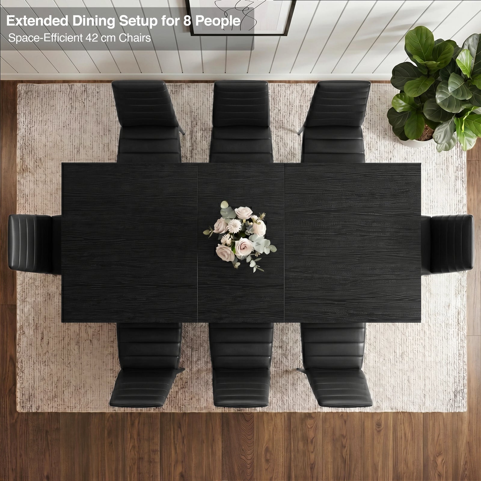 [8 Seater | Black] Milo extendable dining table extended for 8-place setup, overhead view with high-back chairs