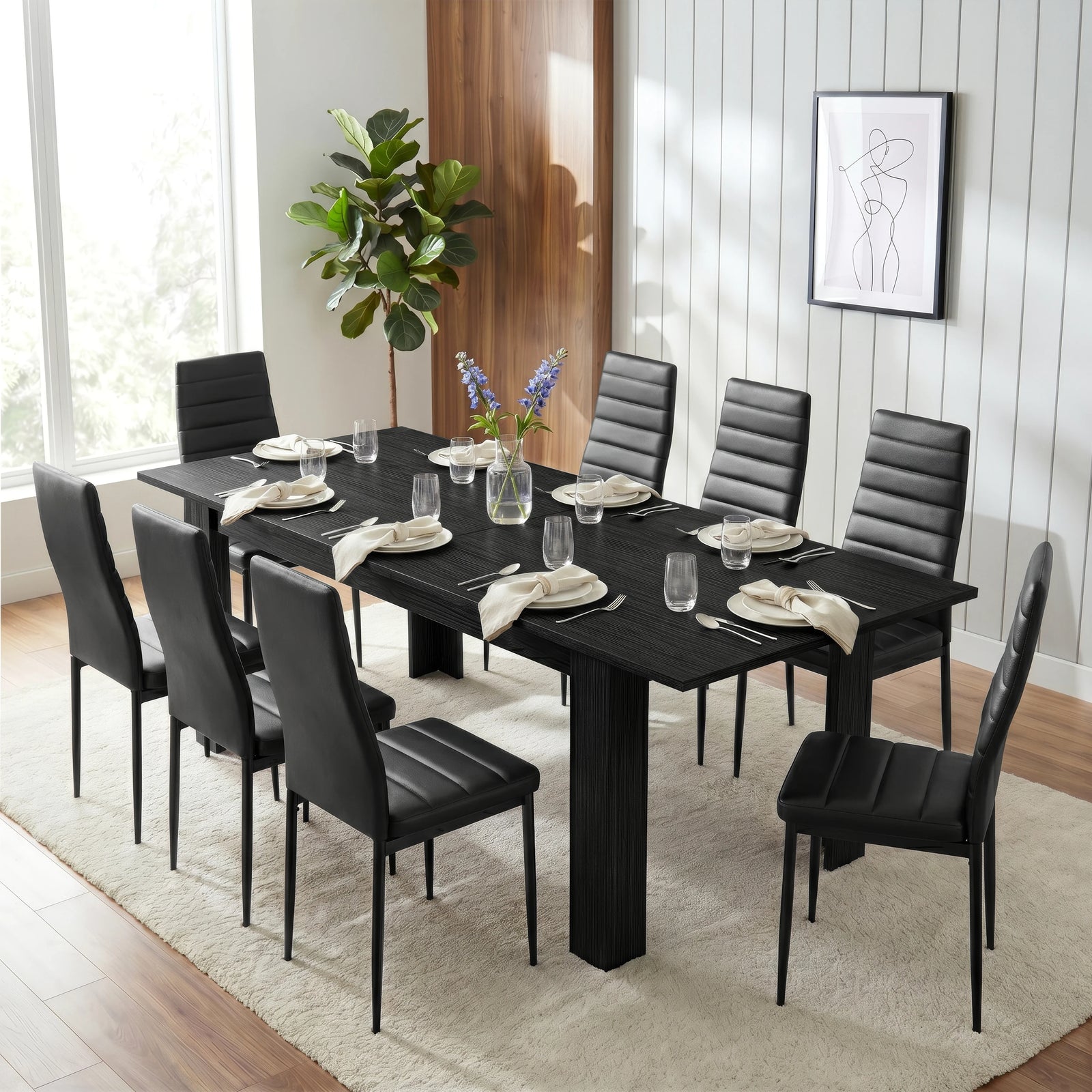 [8 Seater | Black] Milo black wood-effect dining table set at regular 170cm size with 8 high-back chairs