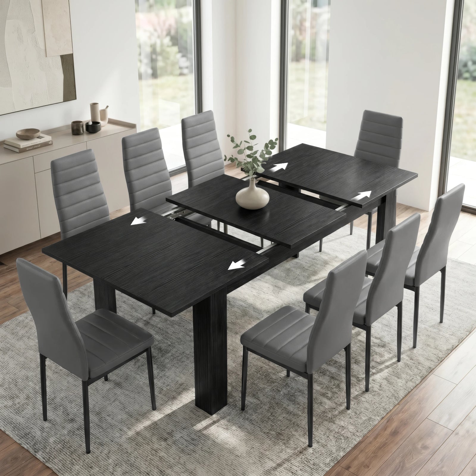 [8 Seater | Grey] Milo black wood-effect table open to show centre leaf and sliding rails