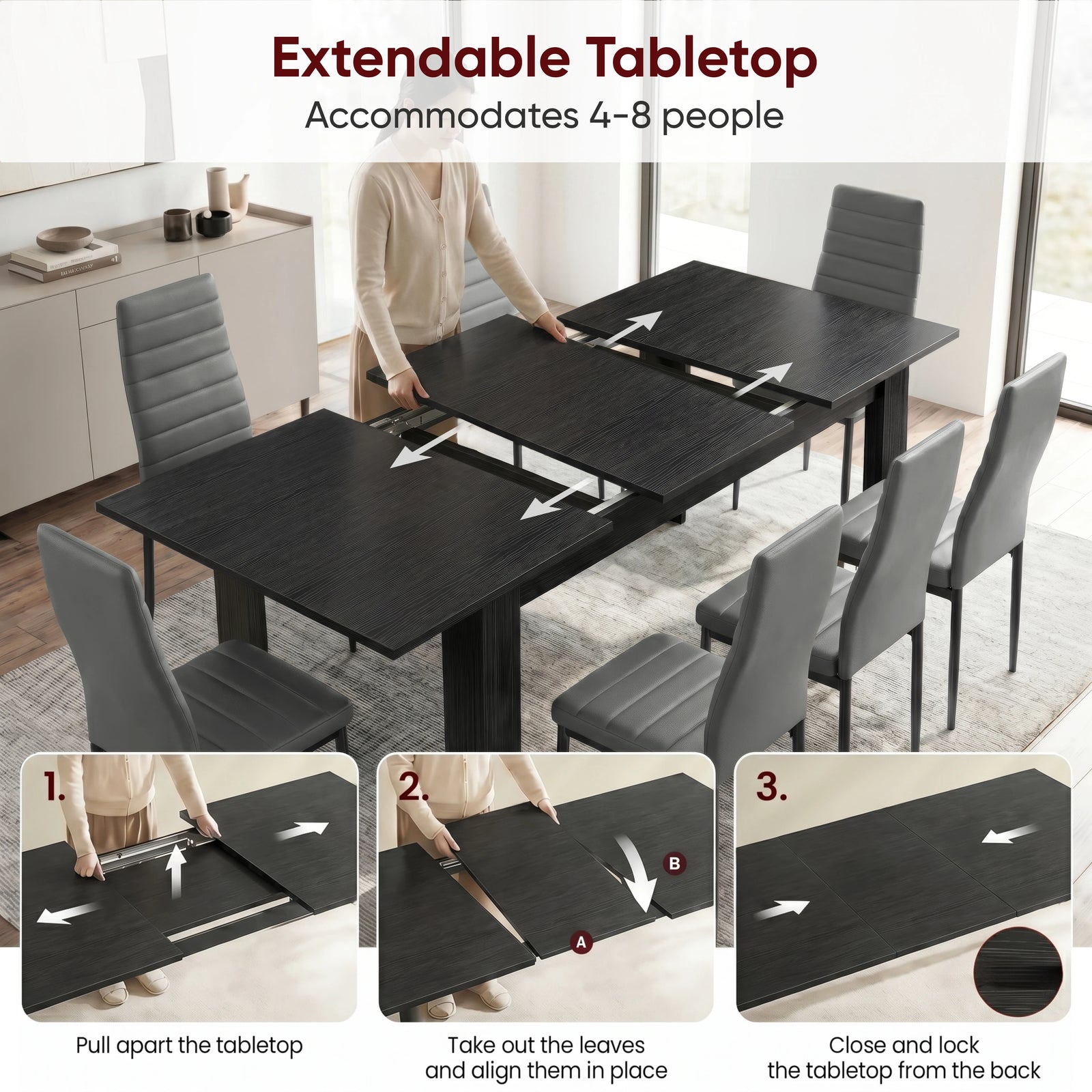 [8 Seater | Grey] Milo extension guide showing tabletop opening, centre leaf placement, and lock-close steps