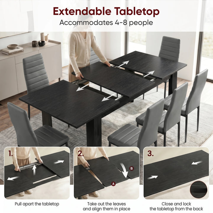 [8 Seater | Grey] Milo extension guide showing tabletop opening, centre leaf placement, and lock-close steps
