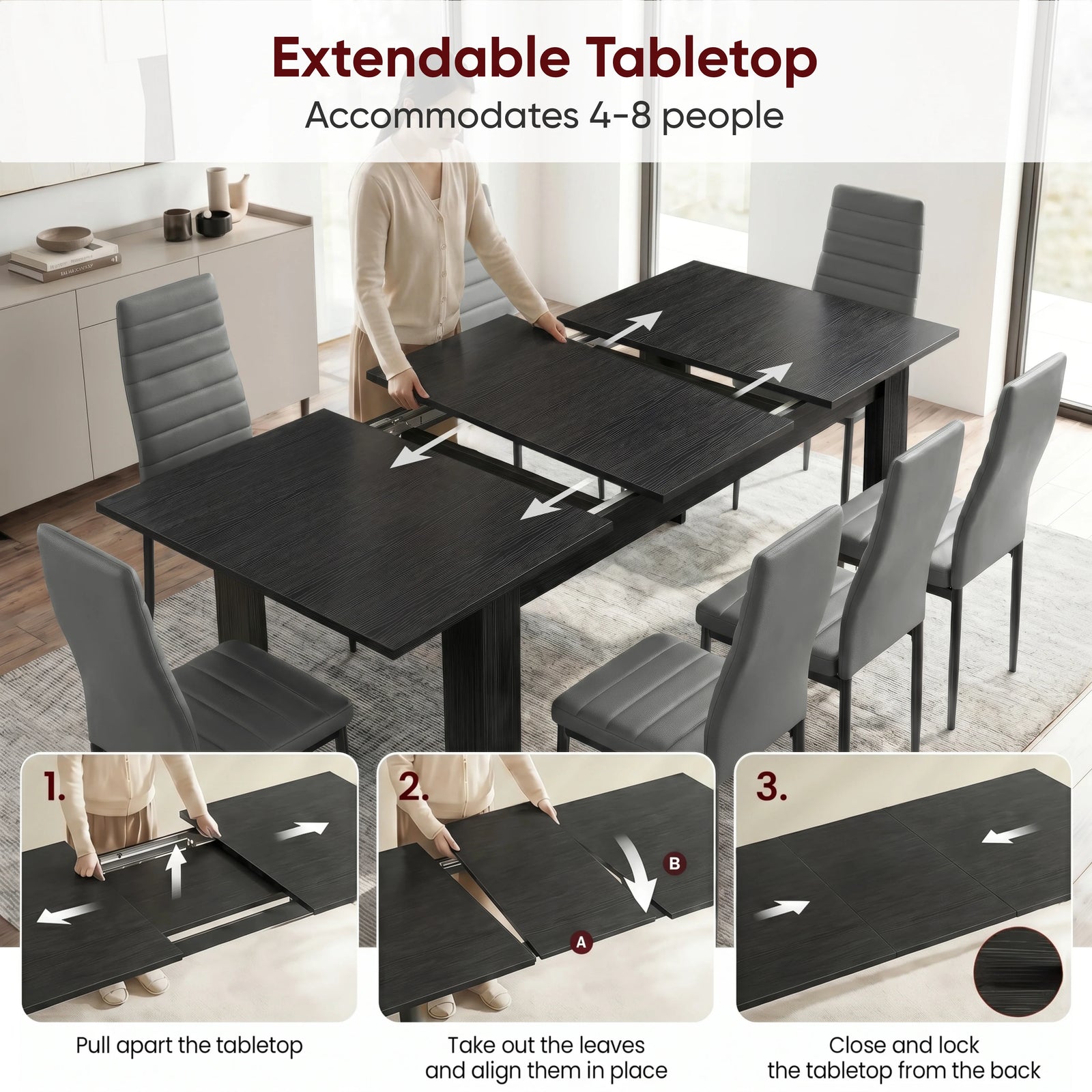 [8 Seater | Grey] Milo extension guide showing tabletop opening, centre leaf placement, and lock-close steps