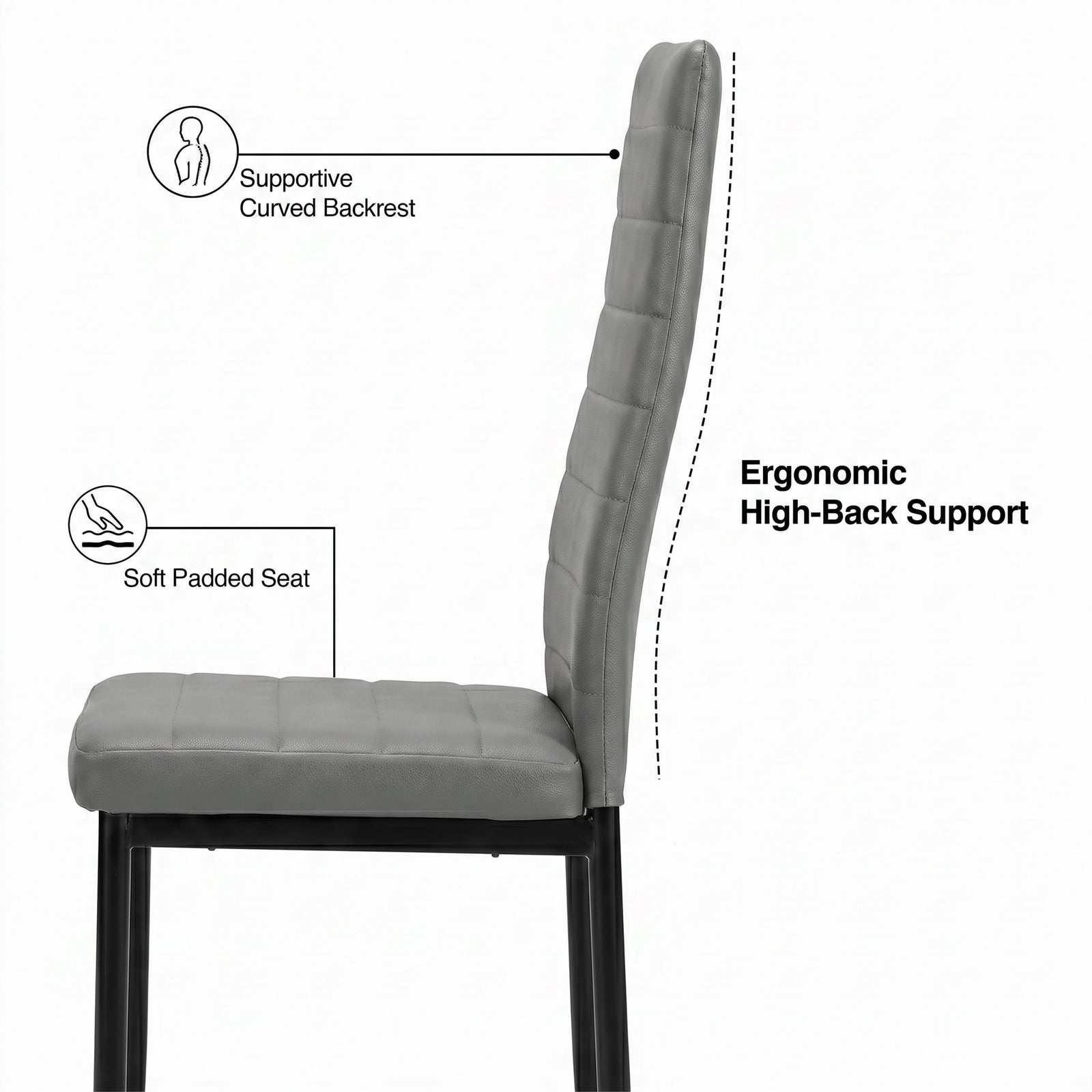 [8 Seater | Grey] Milo chair side profile showing curved high-back support, padded seat, and slim iron legs