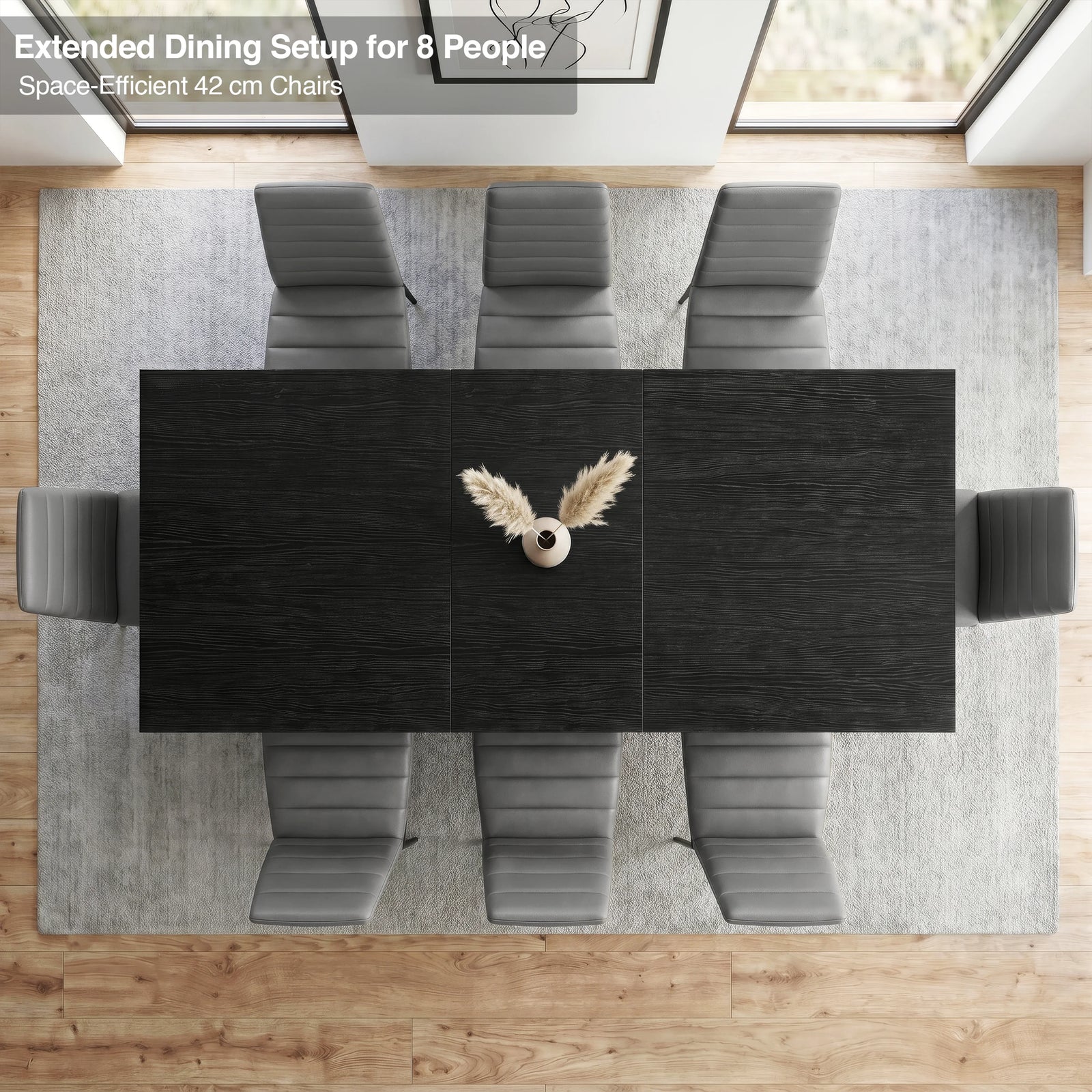 [8 Seater | Grey] Milo extendable dining table extended for 8-place setup, overhead view with high-back chairs