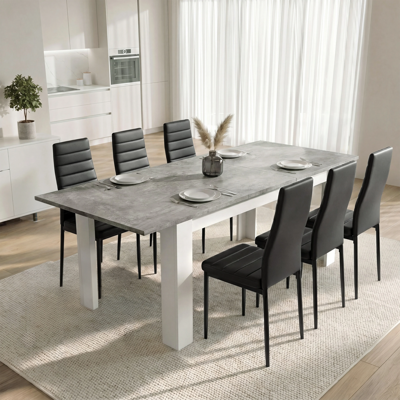 [6 Seater | Black] Milo concrete-effect dining table set extended to 220cm with 6 high-back chairs in a bright room view