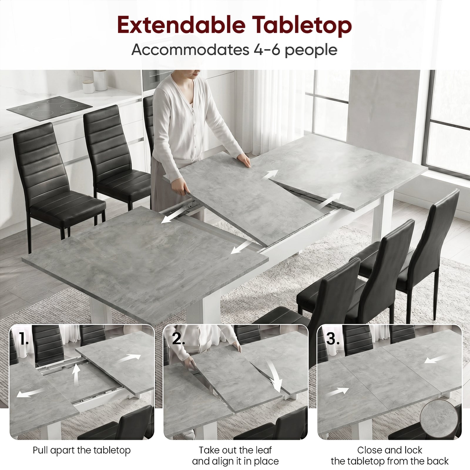 [6 Seater | Black] Milo extension guide showing tabletop opening, centre leaf placement, and lock-close steps