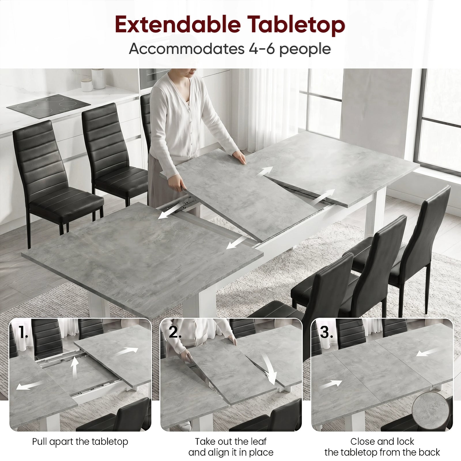 [6 Seater | Black] Milo extension guide showing tabletop opening, centre leaf placement, and lock-close steps