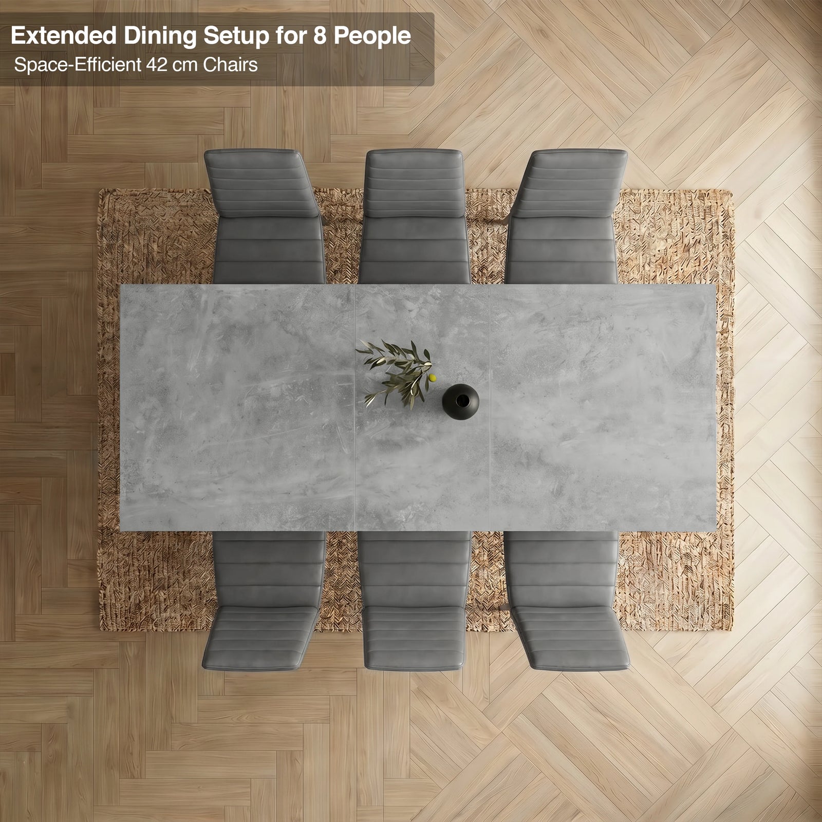 [6 Seater | Grey] Milo concrete-effect dining table set extended to seat 8, shown overhead with grey chairs