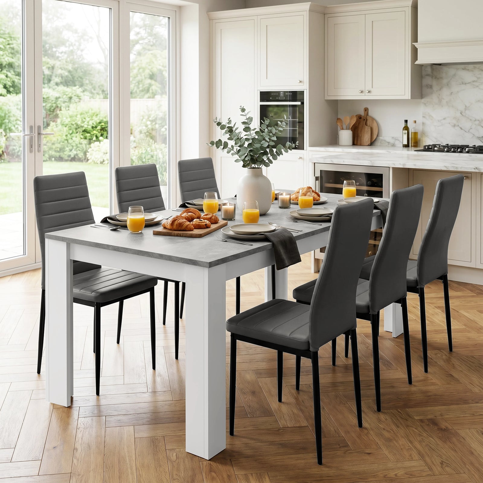 [6 Seater | Grey] Milo concrete-effect dining table set in an open kitchen view with six grey high-back chairs