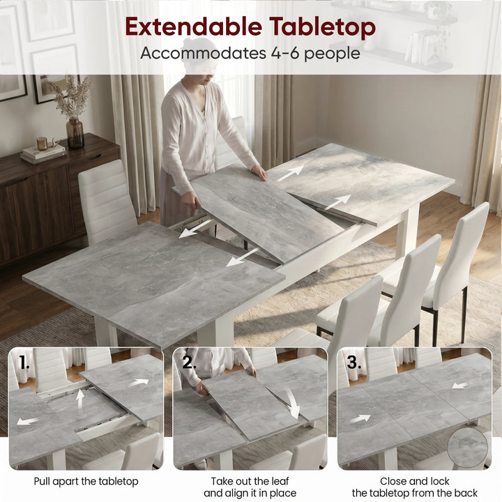 [6 Seater | White] Milo extension guide showing tabletop opening, centre leaf placement, and lock-close steps