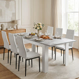 [6 Seater | White] Milo concrete-effect dining table set (extended) with 6 white chairs in dining room with sideboard in back