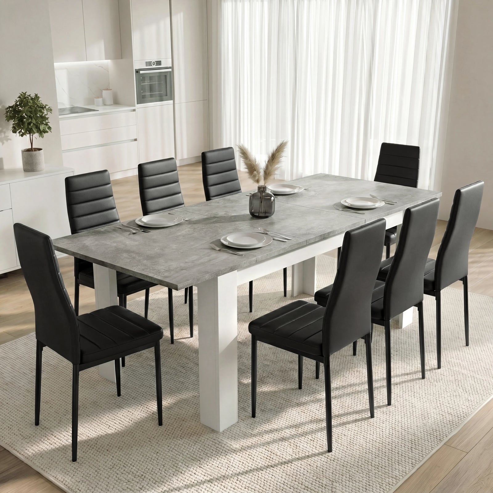 [8 Seater | Black] Milo concrete-effect dining table set extended to 200cm with 8 high-back chairs in a bright dining room