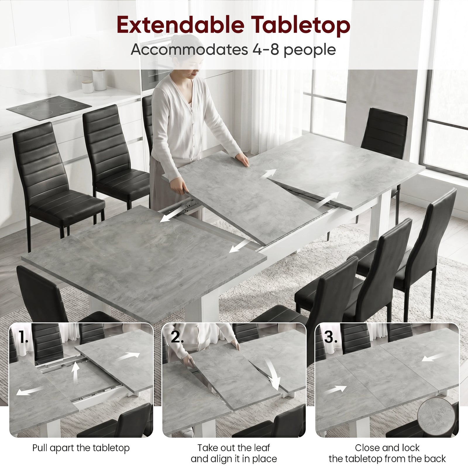 [8 Seater | Black] Milo extension guide showing tabletop opening, centre leaf placement, and lock-close steps