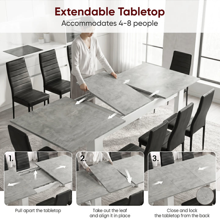 [8 Seater | Black] Milo extension guide showing tabletop opening, centre leaf placement, and lock-close steps