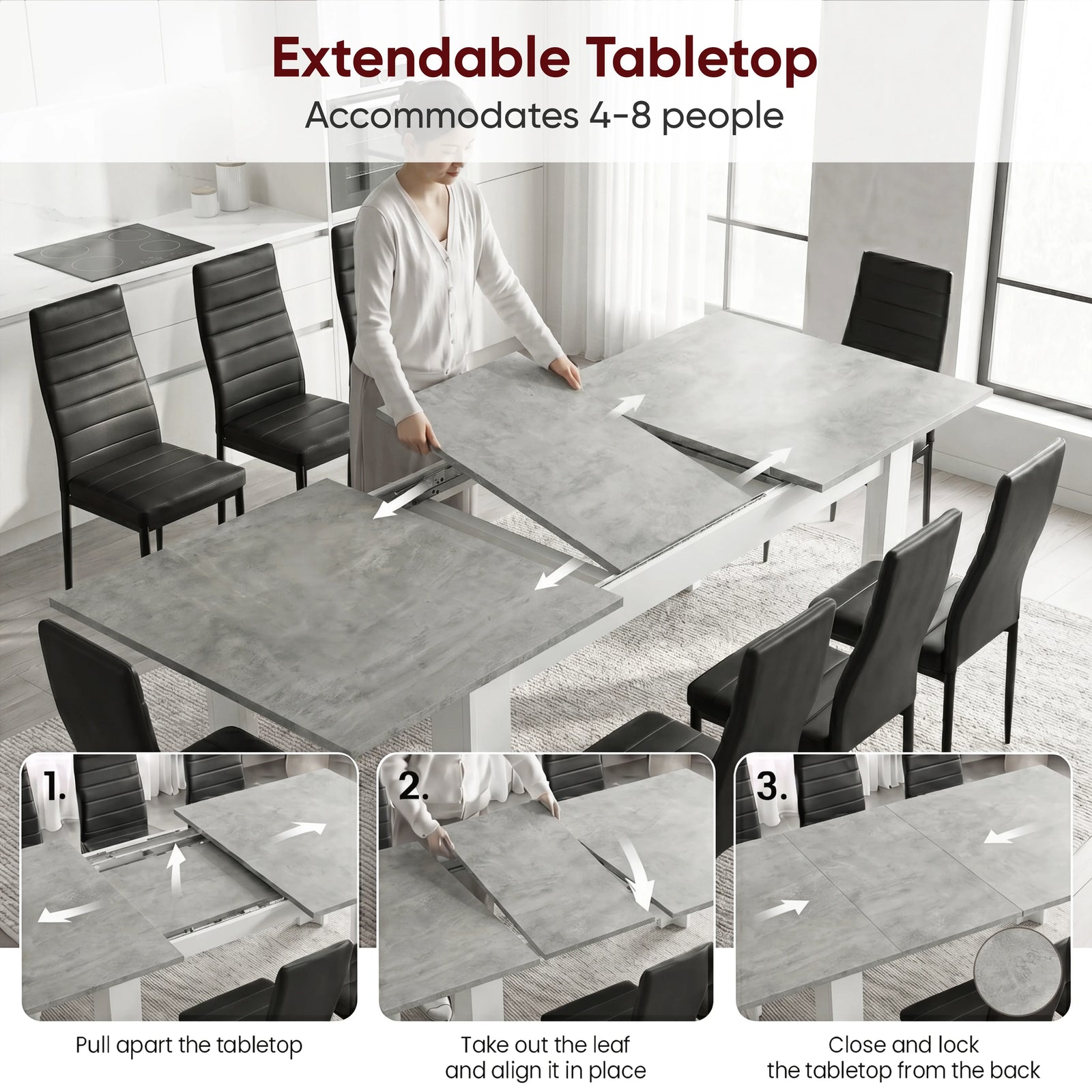 [8 Seater | Black] Milo extension guide showing tabletop opening, centre leaf placement, and lock-close steps