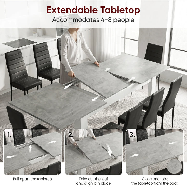 [8 Seater | Black] Milo extension guide showing tabletop opening, centre leaf placement, and lock-close steps