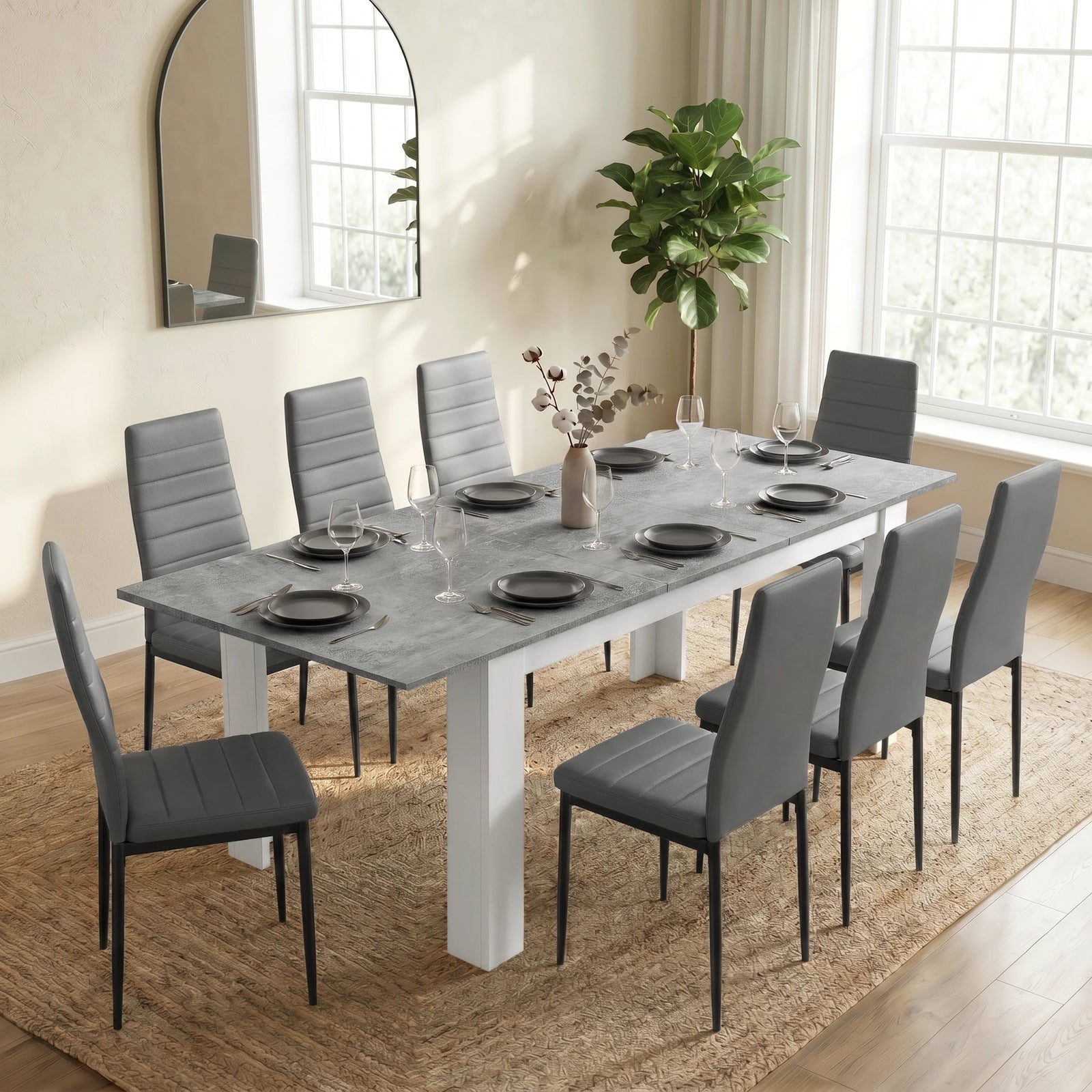 [8 Seater | Grey] Milo concrete-effect dining table set extended to 220cm with 8 grey high-back chairs