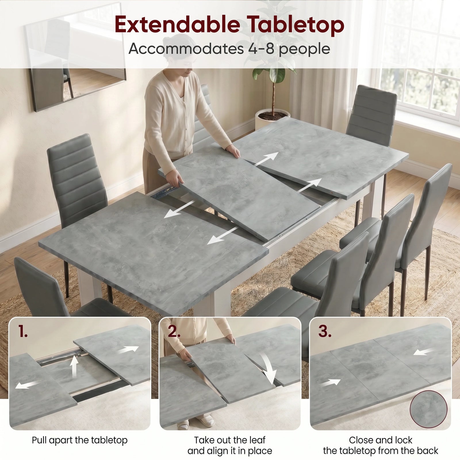[8 Seater | Grey] Milo extension guide showing tabletop opening, centre leaf placement, and lock-close steps
