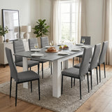 [8 Seater | Grey] Milo concrete-effect dining table set extended to 220cm with 8 grey high-back chairs in a well-lit room.