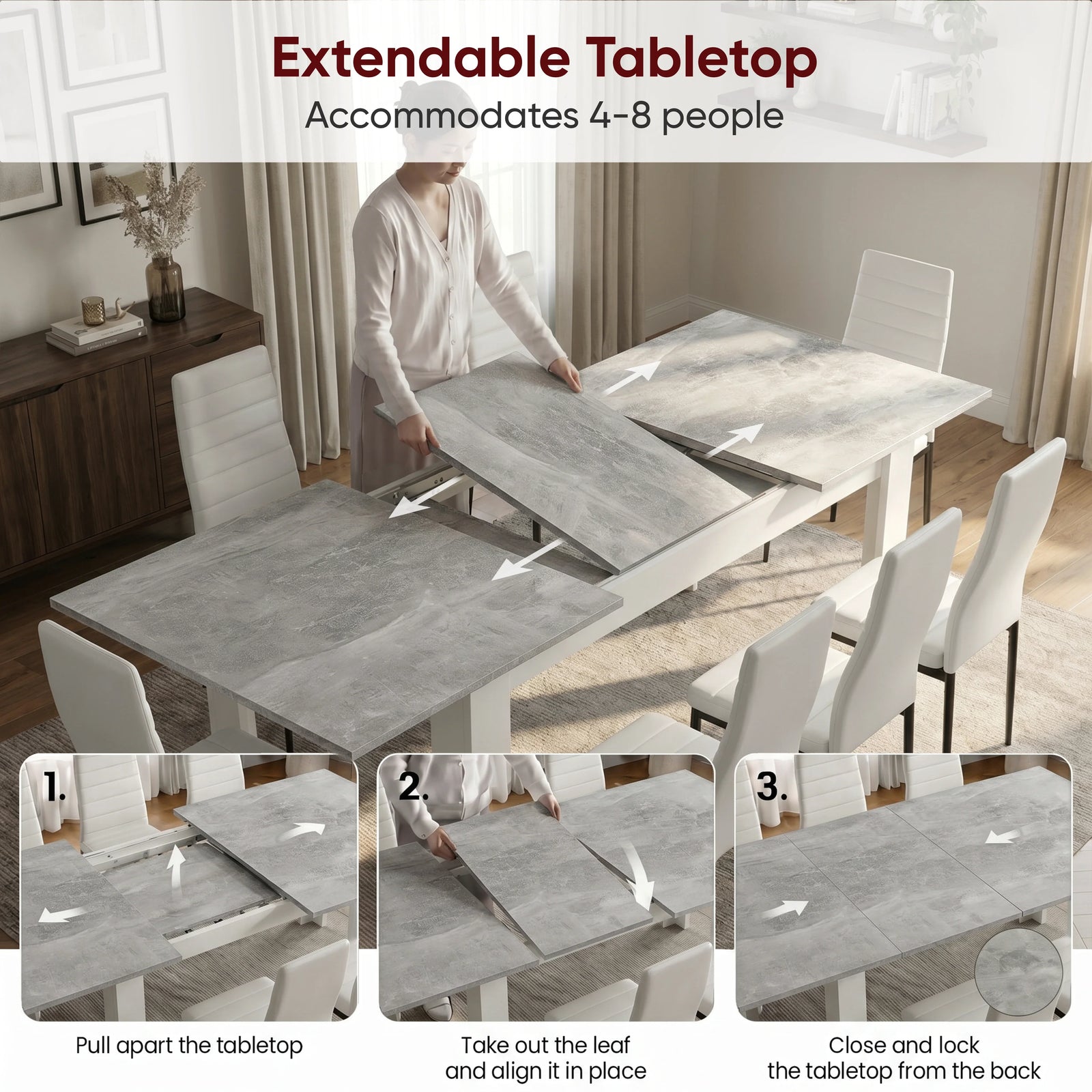 [8 Seater | White] Milo extension guide showing tabletop opening, centre leaf placement, and lock-close steps