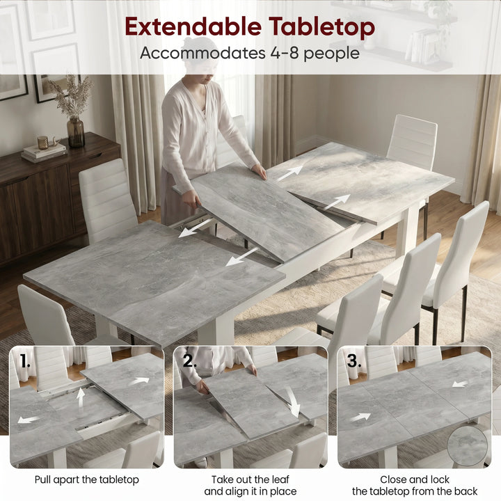 [8 Seater | White] Milo extension guide showing tabletop opening, centre leaf placement, and lock-close steps