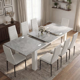 [8 Seater | White] Milo concrete-effect table partly opened to show the centre leaf and sliding rails
