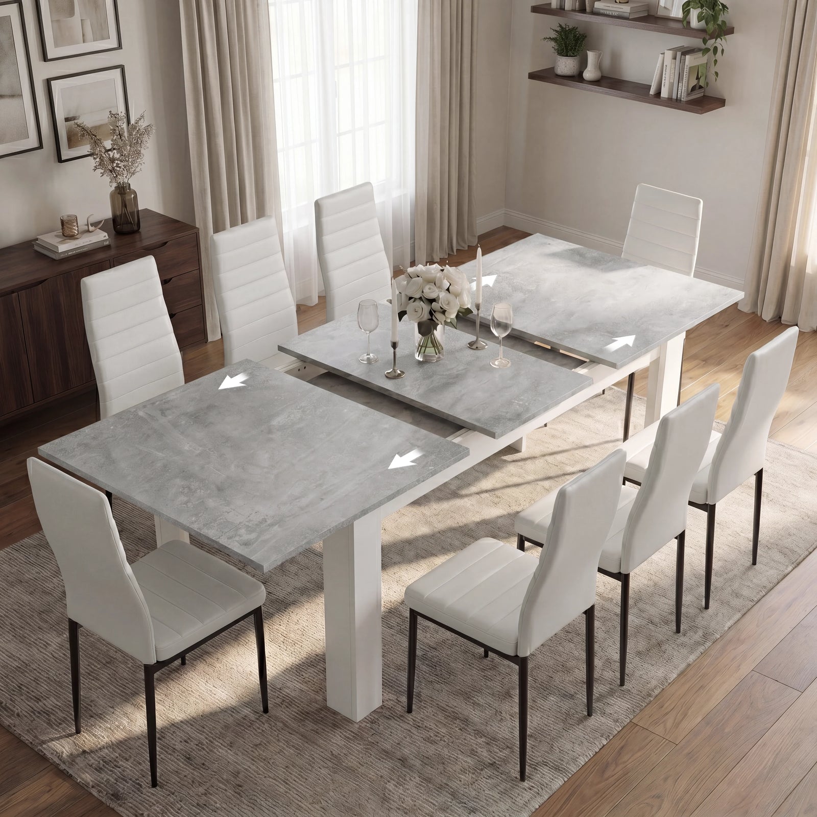 [8 Seater | White] Milo concrete-effect table partly opened to show the centre leaf and sliding rails