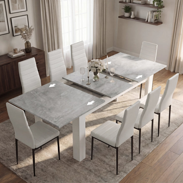 [8 Seater | White] Milo concrete-effect table partly opened to show the centre leaf and sliding rails