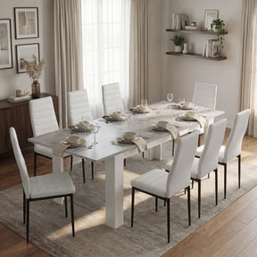[8 Seater | White] Milo concrete-effect dining table set extended to 220cm with 8 high-back chairs